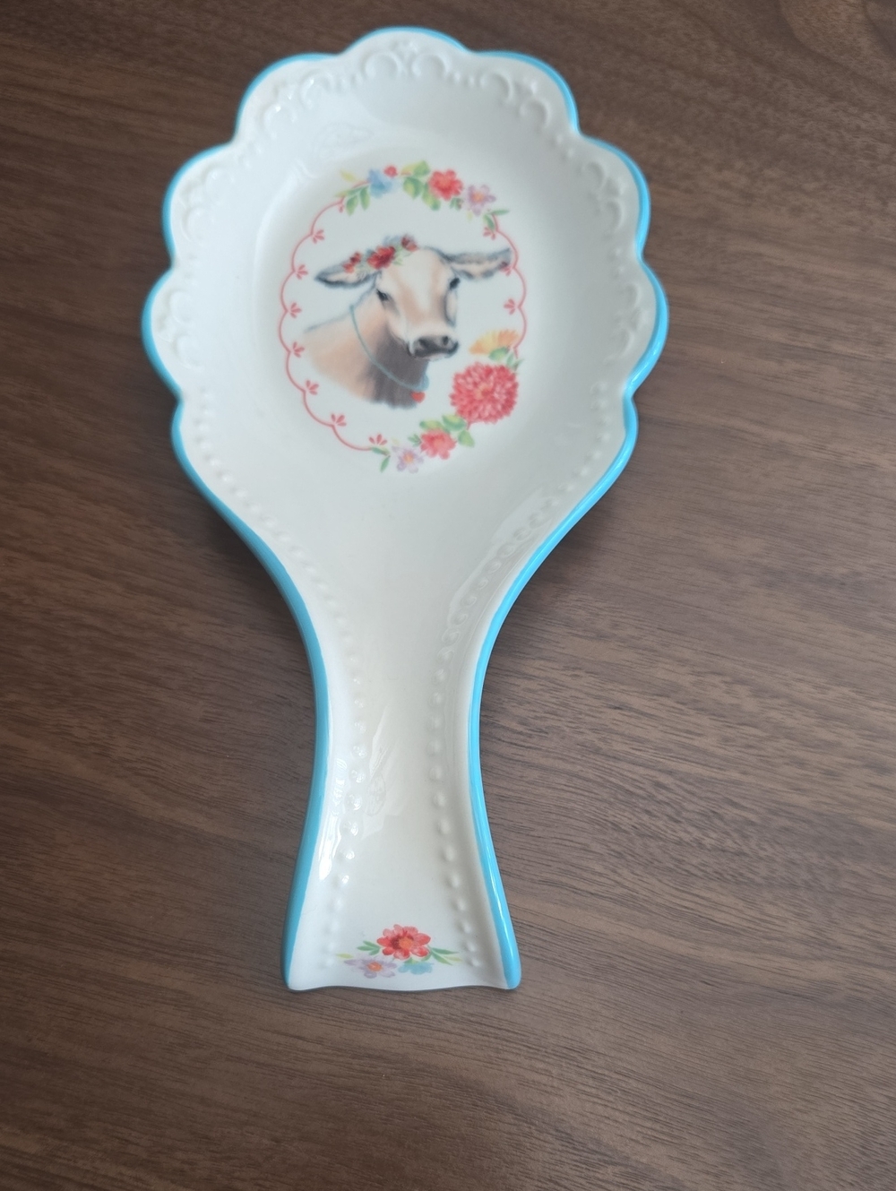 The Pioneer Woman Ceramic Spoon Rest in White and Turquoise Blue